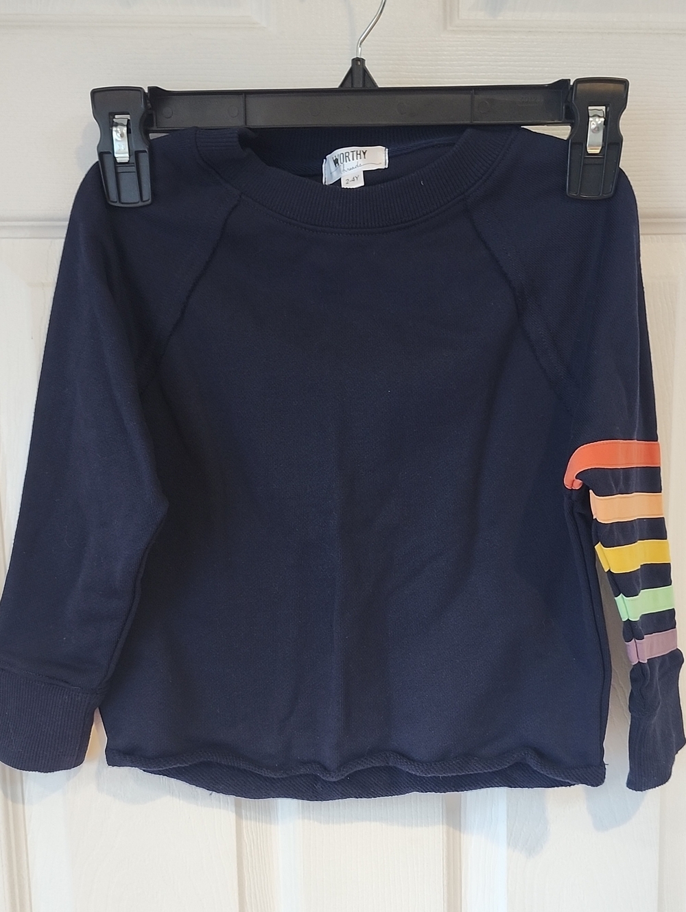 Worth Kids Navy Sweatshirt with Rainbow Striped Sleeve